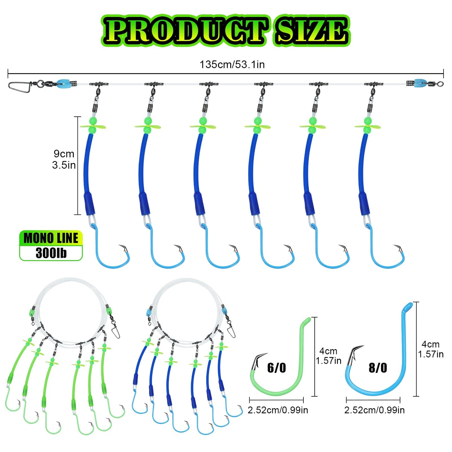 MAFIMOEA Pre-Rigged Deep Drop Saltwater Rigs – Glow Tubes, Hooks, Beads & Spinner Blade – 6/0 8/0 Circle Hooks for Snapper/Grouper/Tilefish (3/6 Hooks)