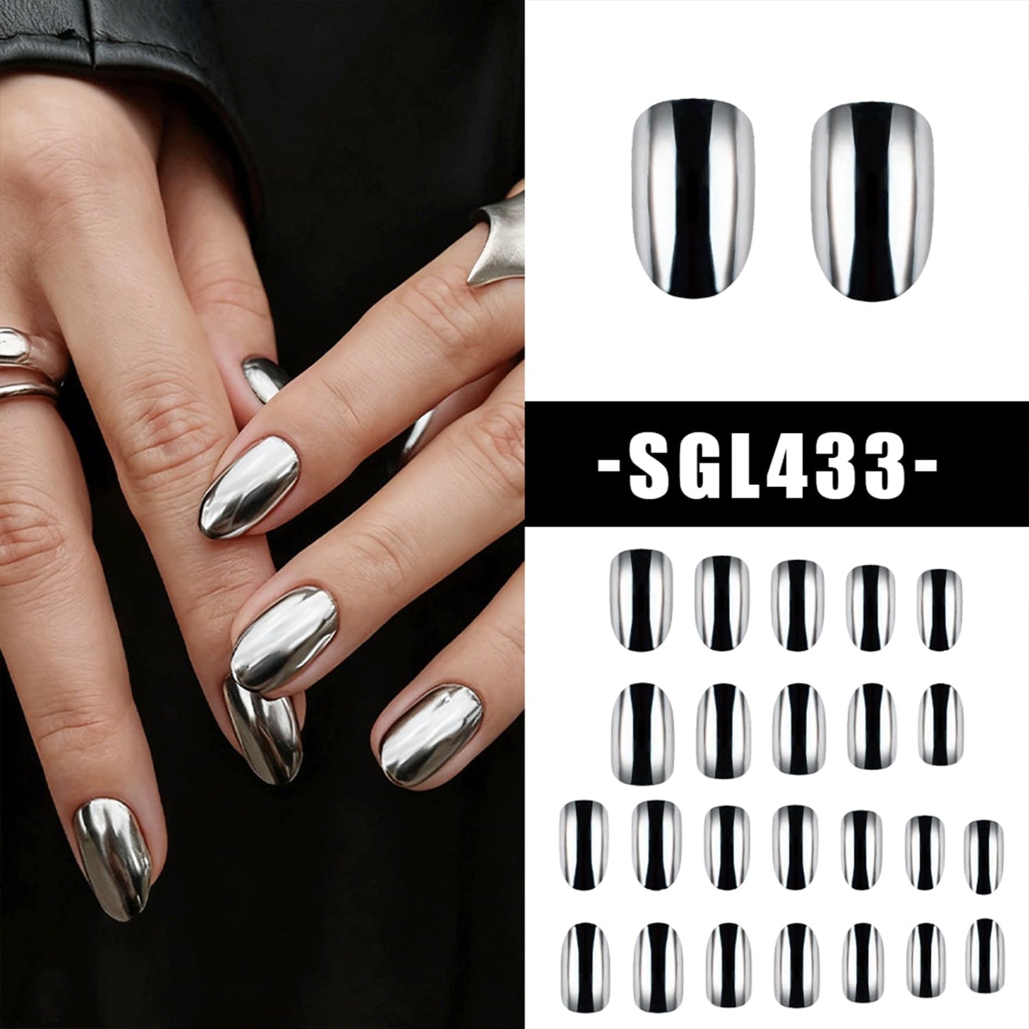 Silver Chrome Press On Nails Short Almond Nails Press Ons Metallic Mirror Fake Nails Glossy Acrylic Nails Full Cover Stick On Nails For Women Girls Decorations Supplies 24Pc