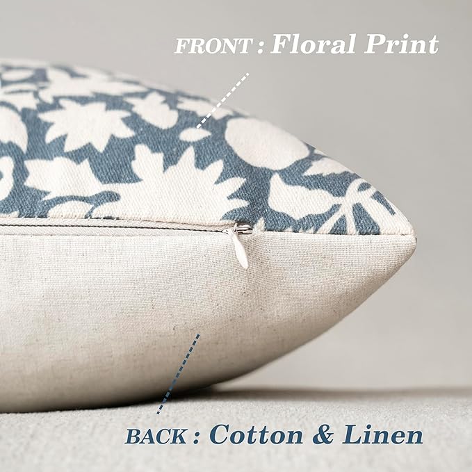 Foindtower Set of 2 Decorative Neutral Floral Throw Pillow Covers Accent Farmhouse Cushion Covers Boho Vintage Pillowcase for Couch Sofa Bedroom Living Room Home Decor,24×24 Inch,Dusty Blue