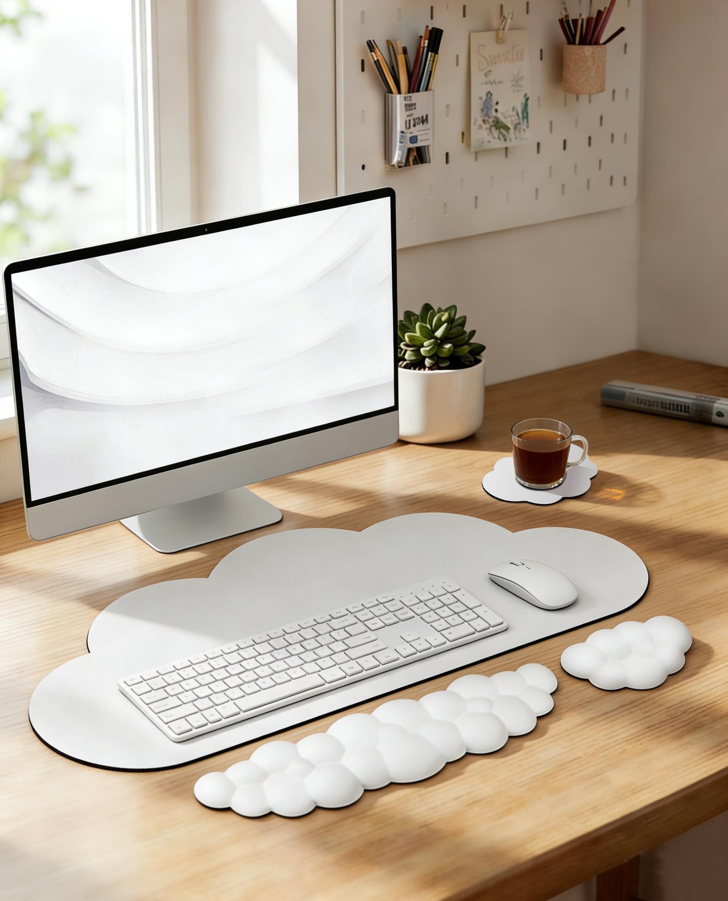 JIKIOU Large Cloud Mouse Pad Waterproof with Cloud Keyboard Wrist Pad and Cloud Mouse Wrist Pad Set, Ergonomic Computer Desk Wrist Support Mousepad for Keyboard and Mouse White