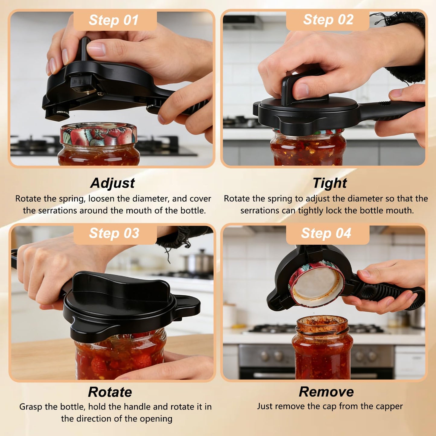 4 in 1 Multi-Purpose Jar Opener,Adjustable Stainless Steel Jar Opener,Multi-Functional Retractable Jar & Bottle Openers,Multi Size Lid Tool for Jars Cans Wine Bottles,Home Kitchen Helper(Black)