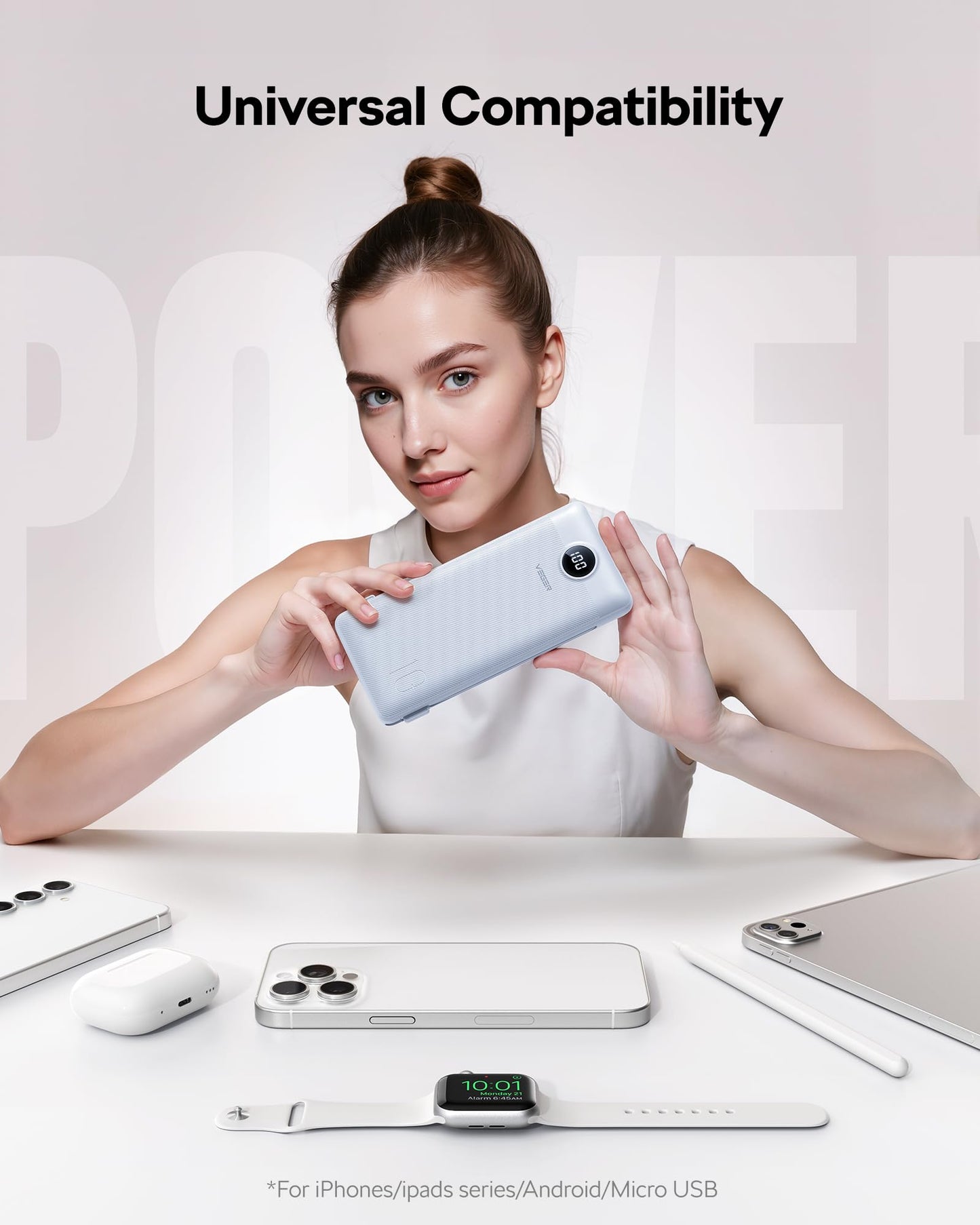 VEGER All in One Travel Portable Charger with Built-in AC Plug & Cables, 10000mAh Slim Power Bank Battery Pack, 15W Fast Charging Compatible with iPhone, Samsung, Android-White