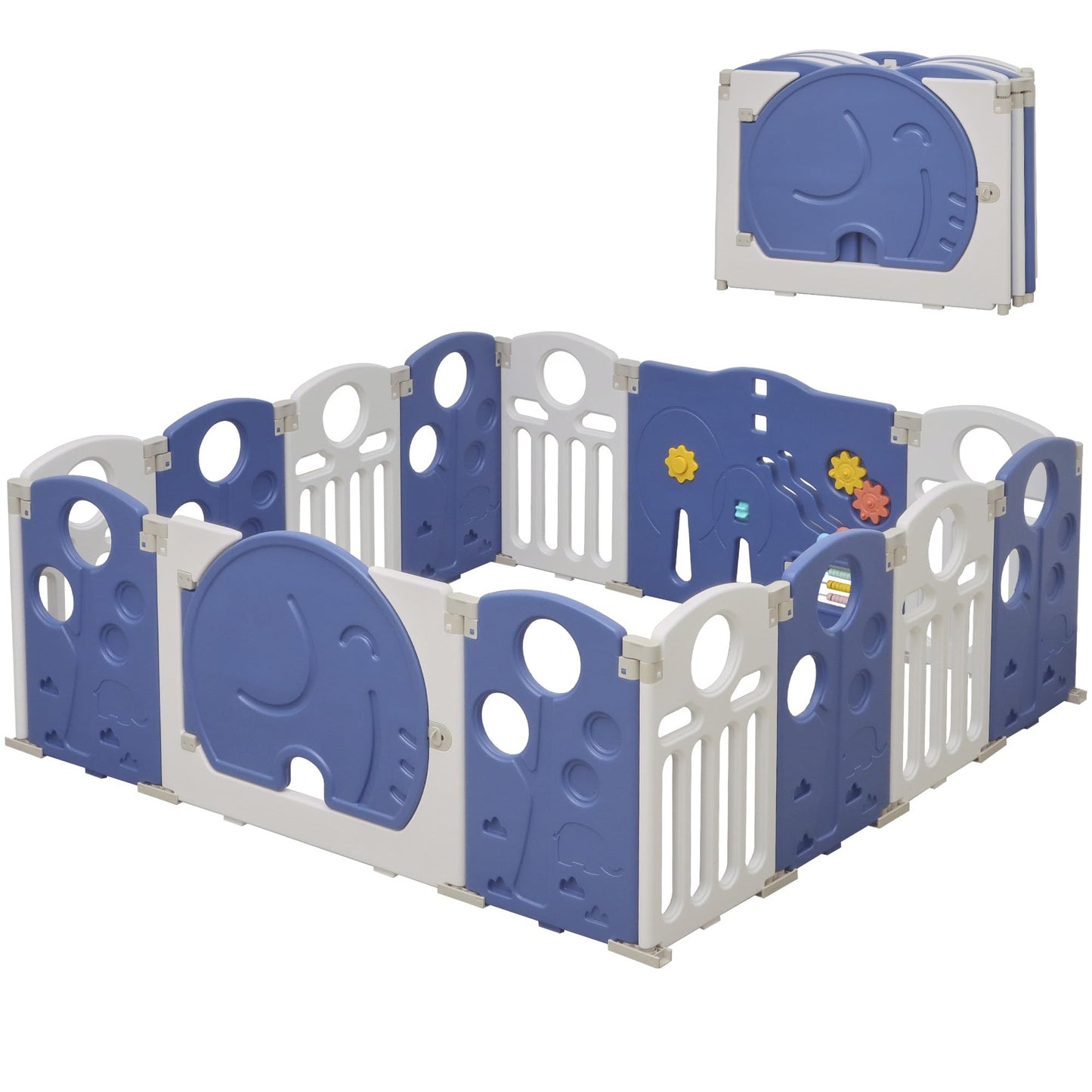 HAPPYMATY Baby Playpen, 14-Panel Foldable Play Pen for Babies and Toddlers, Indoor Outdoor Baby Fence with Sensory Play Panel, Adjustable Shape Activity Play Center, Portable & Easy Assemble