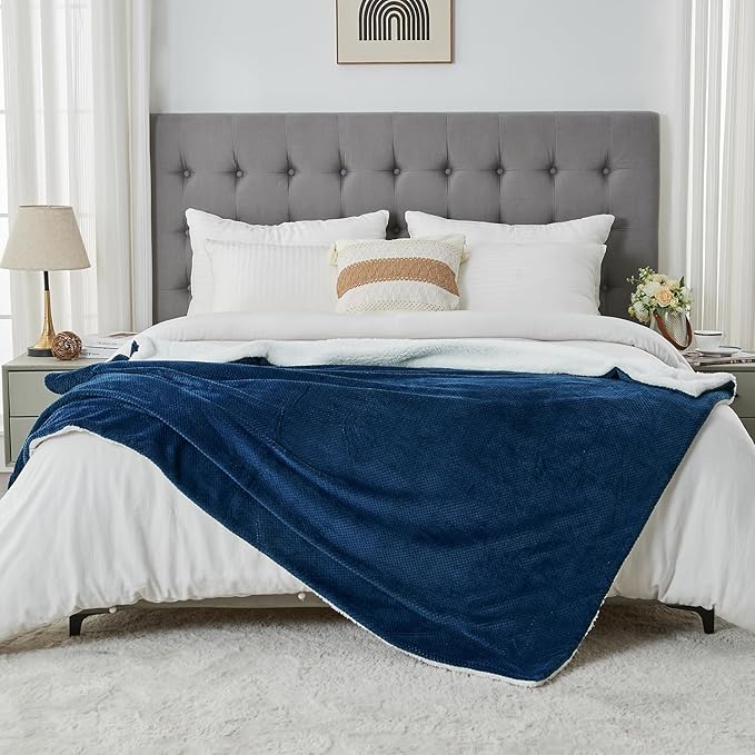 SOCHOW Waffle Sherpa Fleece Throw Blanket, Super Soft Fuzzy Warm, Lightweight Fluffy Reversible Plush Blanket for Bed Sofa Couch, 60 x 80 Inches Navy Blue