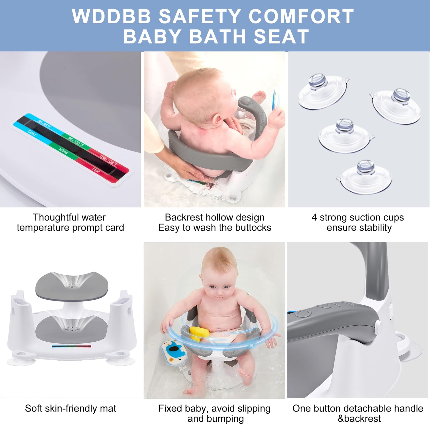 Wddbb Baby Bath seat for Babies 6 Months & up, 360° Stable Toddler Bath Chair with one-Touch Button, Back Hollow Design, Water Temperature Card & 4 Suction Cups for Safety (Dark Gray)