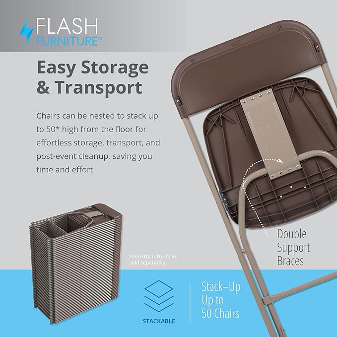 Flash Furniture Hercules Series Plastic Folding Chair Brown - 10 Pack 650LB Weight Capacity Comfortable Event Chair-Lightweight Folding Chair