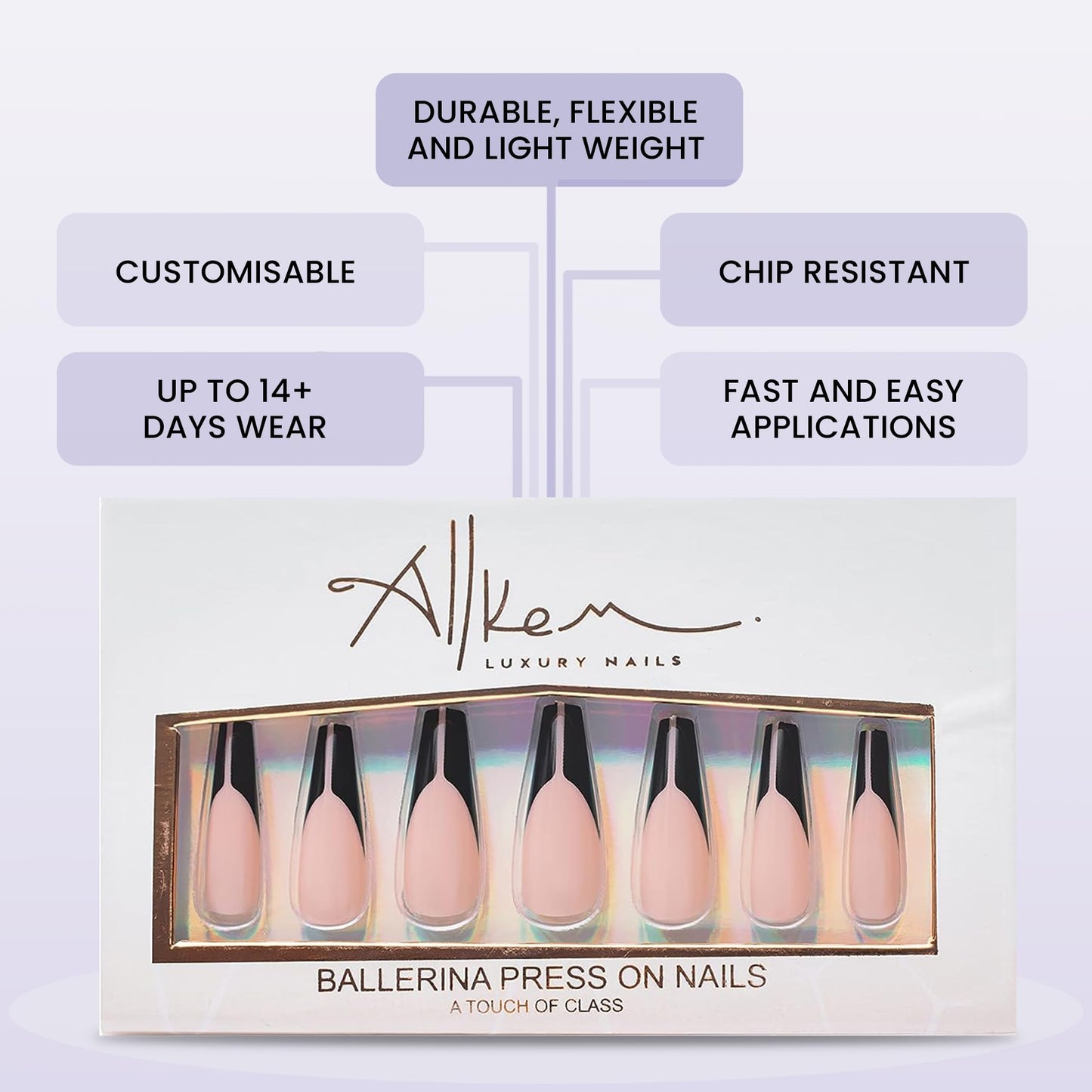 Allkem Revolve French Press on Nails | Glossy Extra Long coffin | 10 sizes - 20 pcs Ballerina Nail kit with Glue