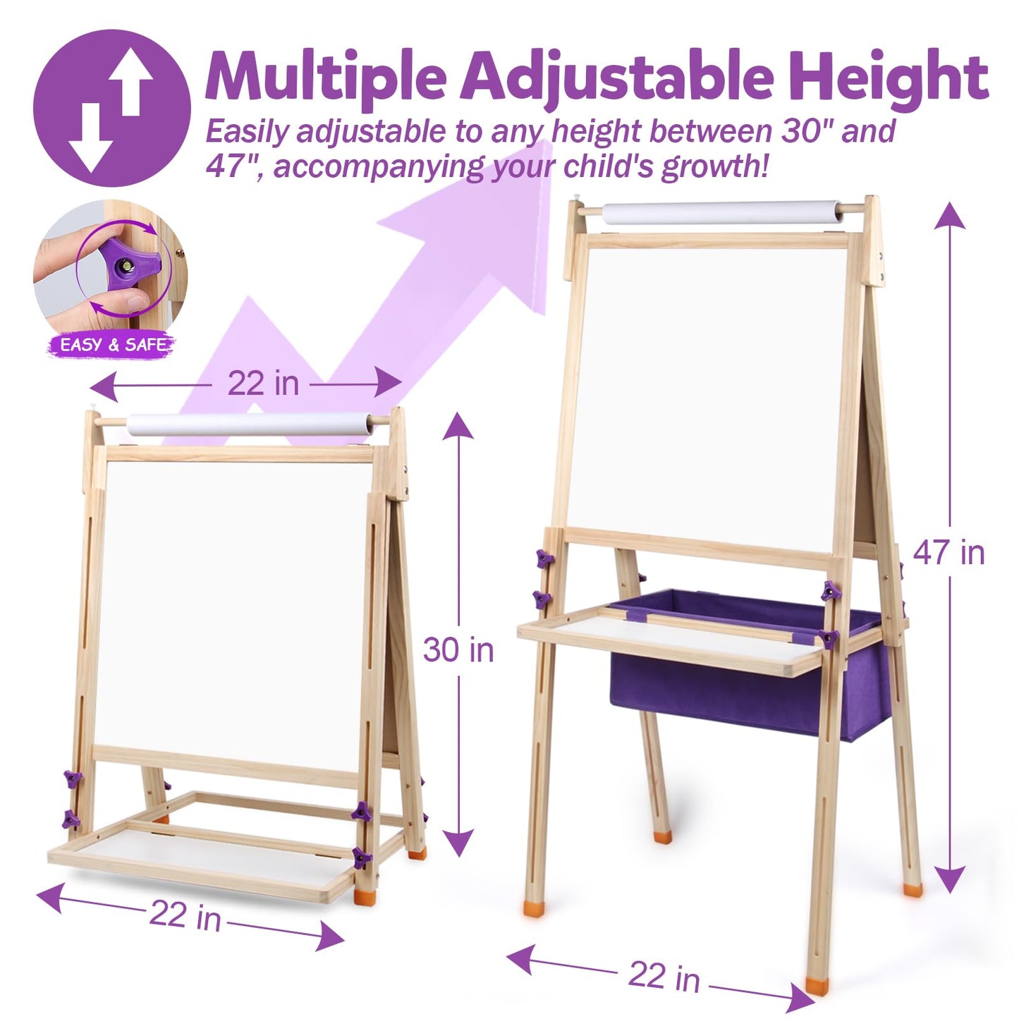 Vinlon Art Easel for Kids Ages 4-8, Premium Whiteboard & Chalkboard with 3 Paper Roll, Adjustable Double-Sided Easel Stand, Easter Gift Easter Basket Stuffers for Kids Ages 4 5 6 7 8