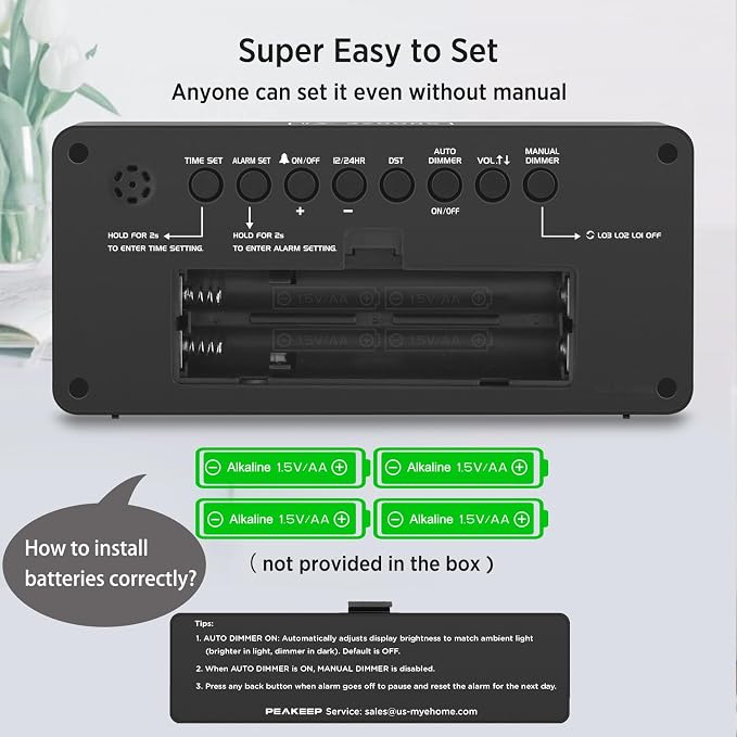 Peakeep Battery Operated Digital Alarm Clock for Bedrooms Big Numbers