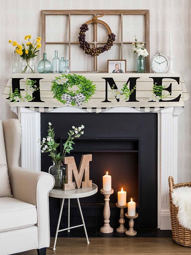 Rustic Home Fireplace Mantel Scarf Table Runner,Eucalyptus Leaves Floral Wooden Buffalo Plaid Winter Garland Mantel Top Tablerunners Dresser Scarves Cover for Windows Party Living Room 90"x17"