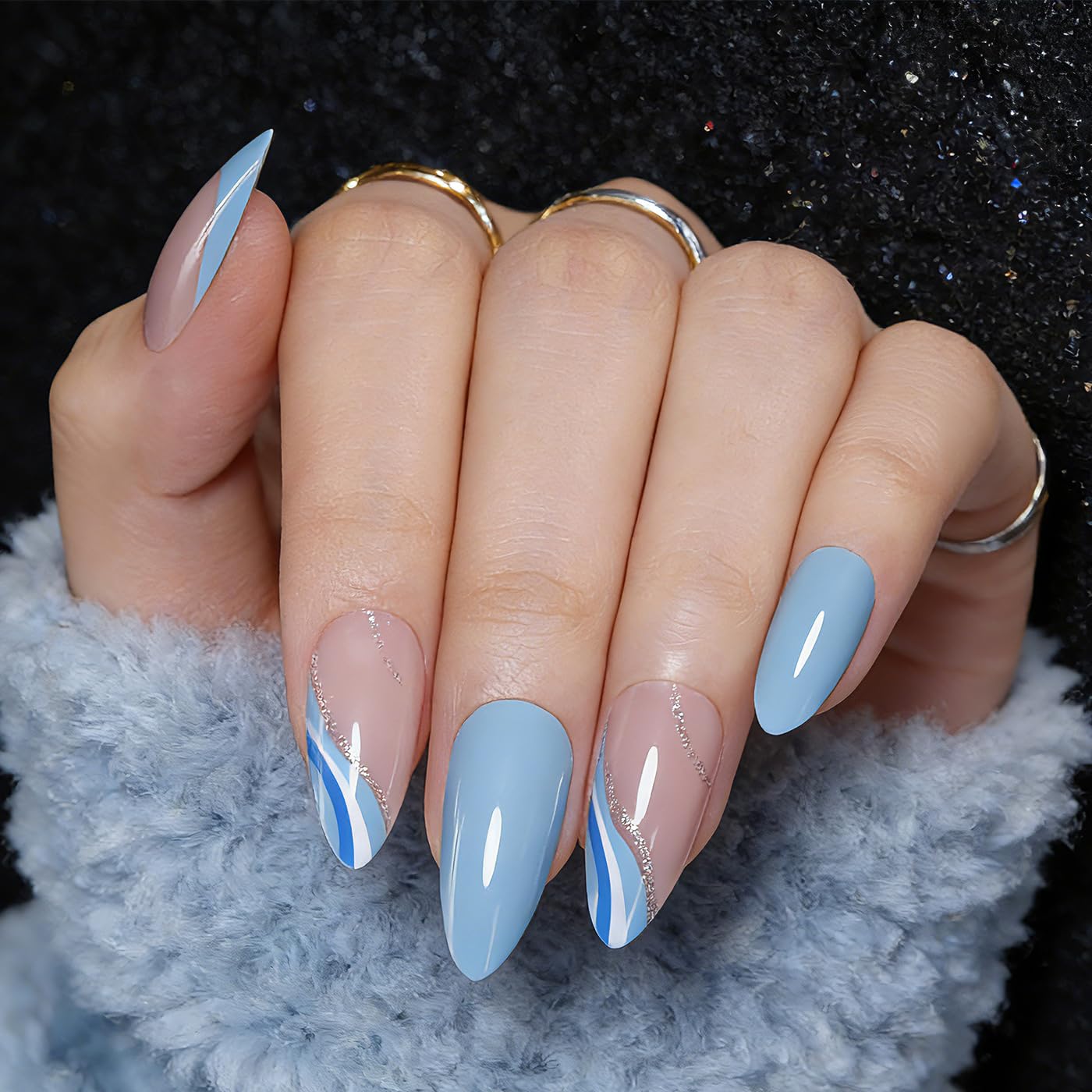 Goolich Bright Blue French Tip Press On Nails Medium Almond, Sheer Nude Pink Nails Press ons Set with Adhesive Tabs, 24 Pcs 12 Size Reusable Full Cover Glue on Nails for Women
