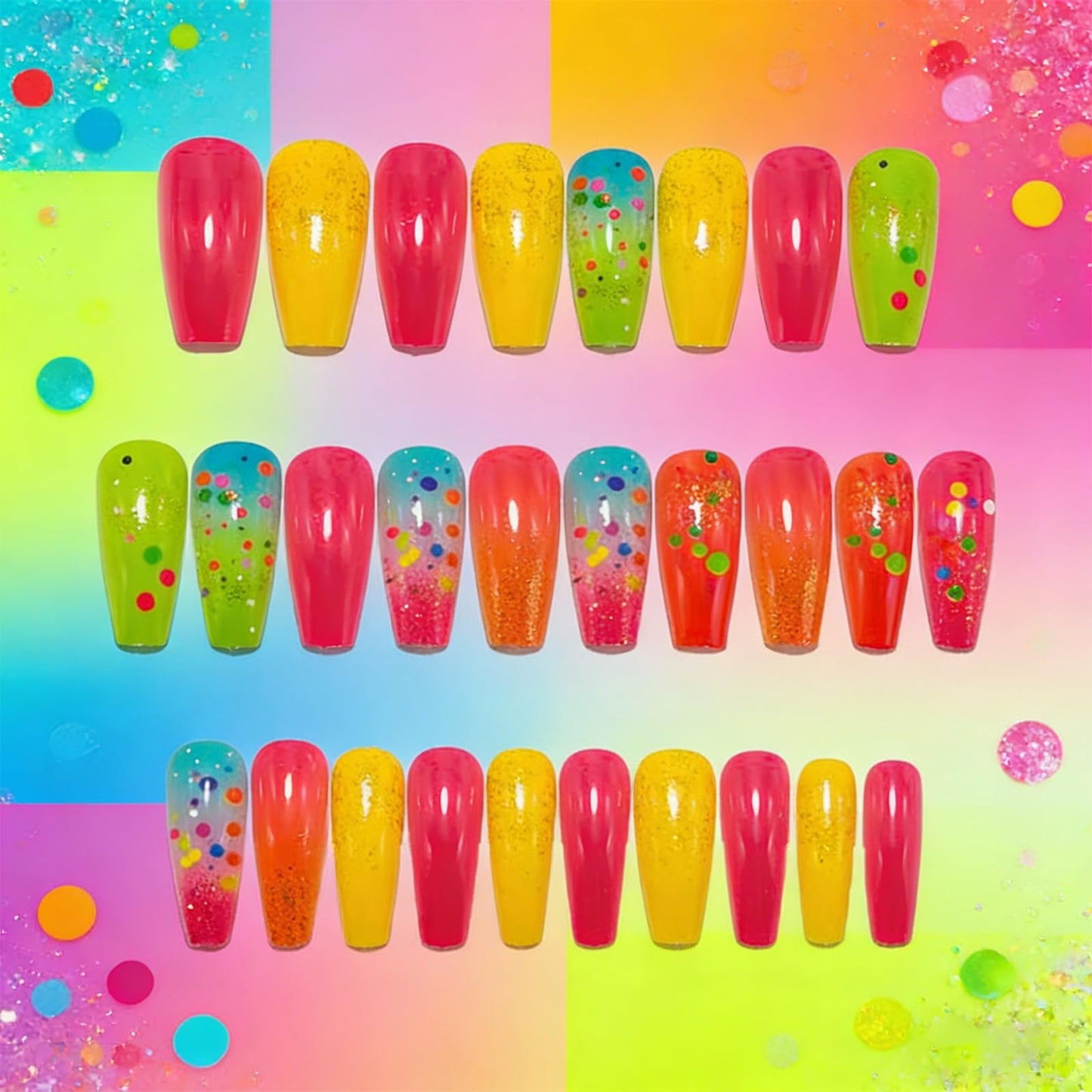 Summer Press on Nails Medium Coffin Fake Nails Gradient Colorful Polka Dot Press on False Nails Rainbow Glossy Full Cover Stick on Nail Reusable Artificial Glue on Nail for Women 24Pcs