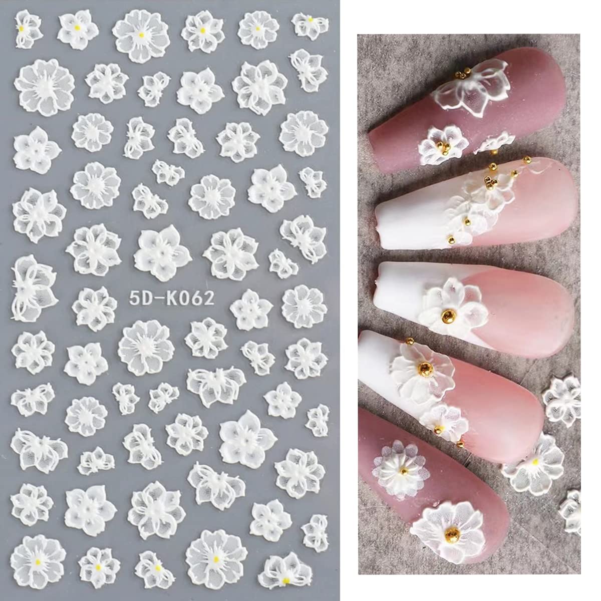 5D Embossed Flower Nail Art Stickers, 6 Sheets Self-Adhesive Nail Sticker Decals,Luxury Hollow Exquisite Pattern Spring Daisy Leaf Butterfly Lace Carving Design for Salon Home Acrylic Nail Decoration