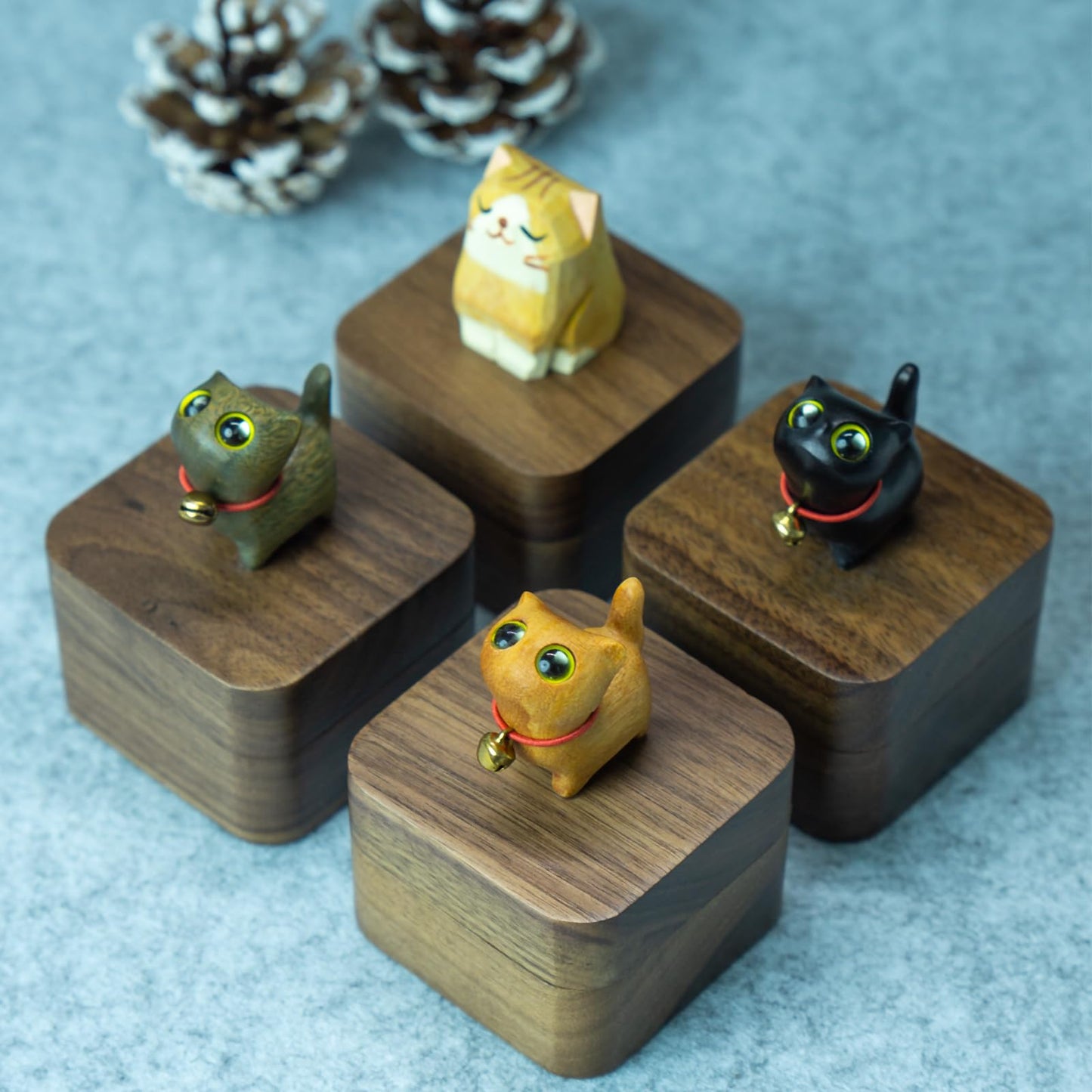 Tentogala Hand-Carved Cat Wooden Ring Box - Magnetic Closure Wedding & Engagement Jewelry Gift Box ﻿(Yellow Cat)