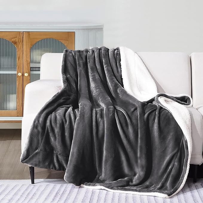 IR Imperial Rooms Sherpa Blankets Queen Size - Thick and Warm Blankets for Winter, Reversible Soft and Fuzzy Fluffy Queen Size Blanket for Bed, Grey, 90x90 Inches