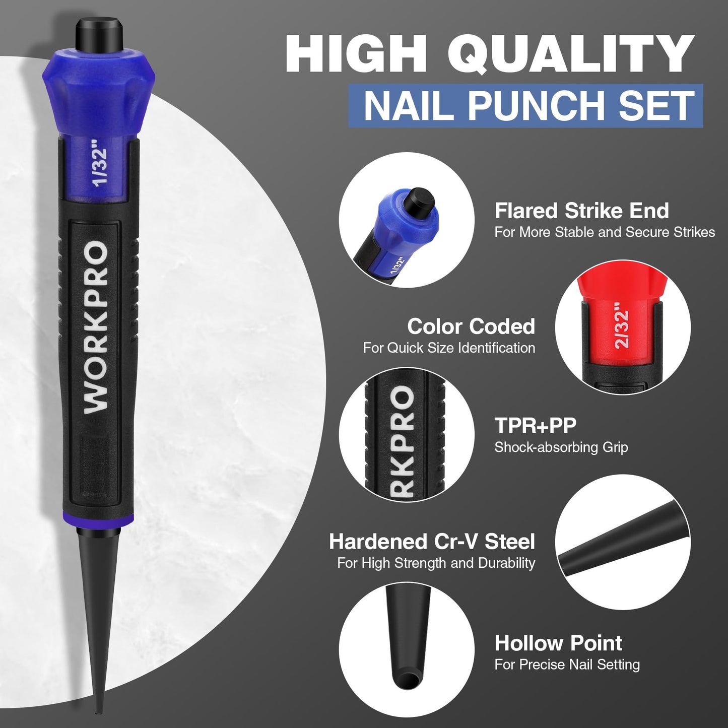 WORKPRO 3-Piece Nail Punch Set, Includes 1/32", 1/16", 3/32" Nail Setter, Color Coded Nail Set Tool with Shock-Absorbing Grip