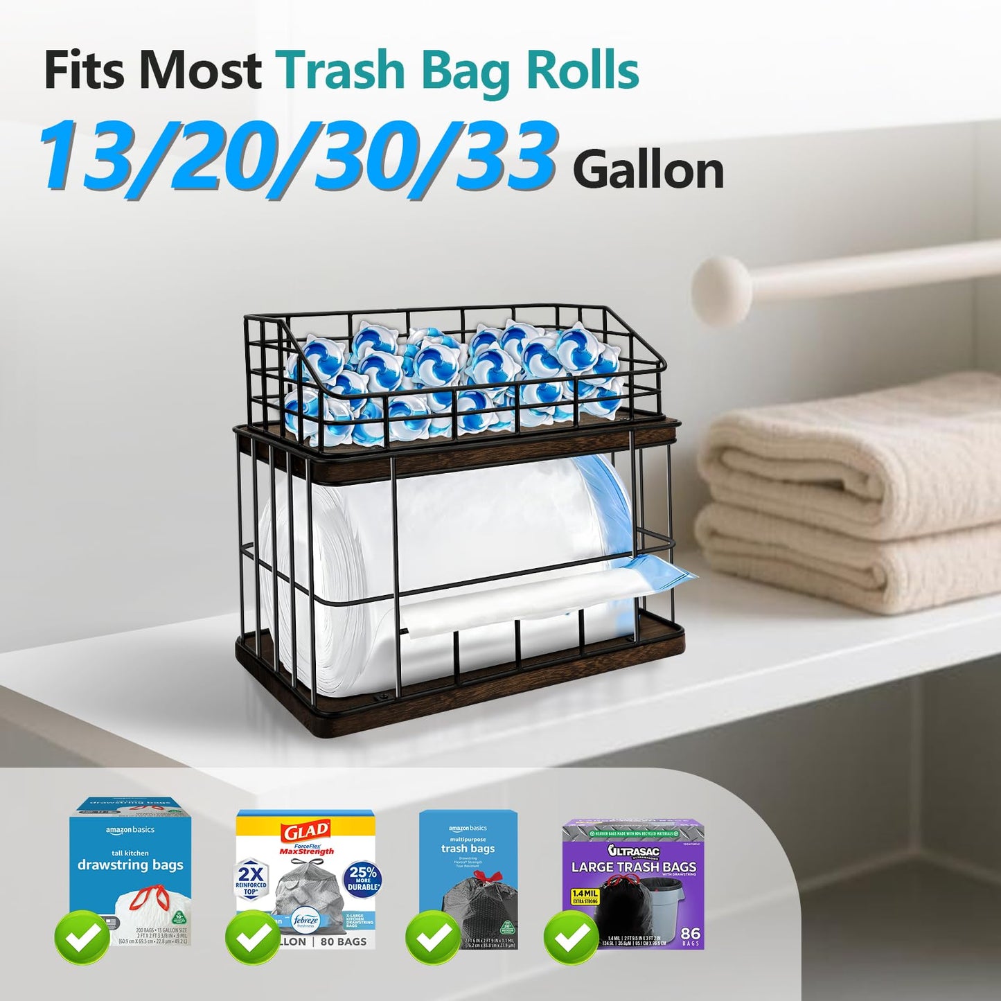 Tanggiteck 2-in-1 Trash Bag Holder & Dishwasher Pods Organizer, Extra Large Trash Bags Dispenser, Kitchen Organizer and Under Sink Storage Box