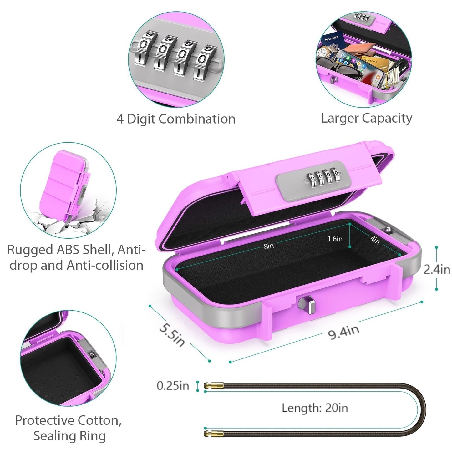 ORIA Portable Security Case, 4 Digit Combination Key Lock Box Security Case, Portable Safe Box Storage Smartphones, Passports, Credit Cards for Beach, Travel, Pink Purple
