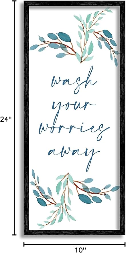 Stupell Industries Wash Your Worries Away Bathroom Phrase Blue Plants, Designed by Kim Allen Black Framed Wall Art, 10 x 24