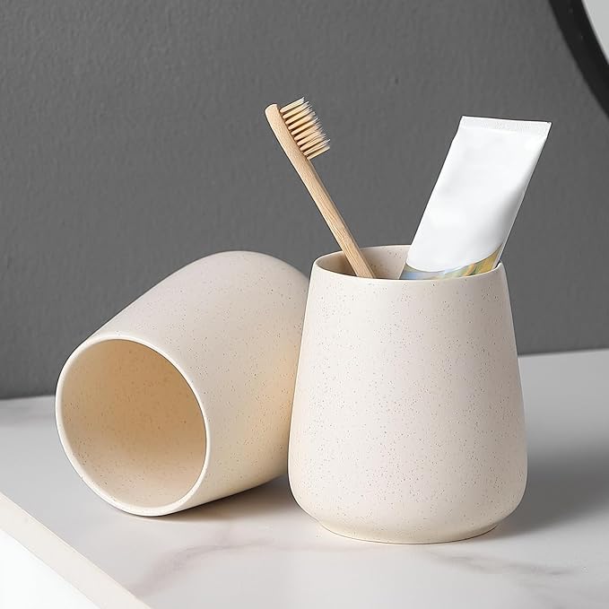 Beige Toothbrush Holder for Bathroom - Ceramic Tooth Brushing Holders, Toothbrush Cup, Toothpaste Organizer for Bathroom Countertop, Makeup Brush Holder, Pen Holder for Home Desktop Storage