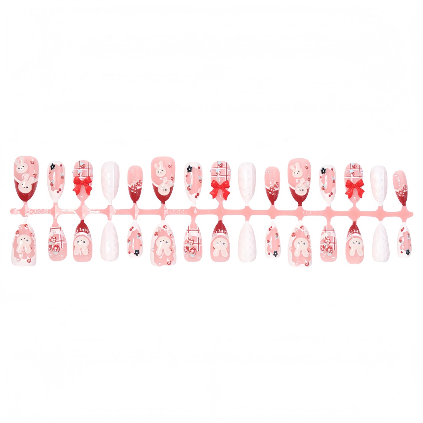 30Pcs Cute Rabbit Press on Nails Medium Almond 3D Bow Fake Nails with Strawberry Flower Design Red French Tip Pink Acrylic Nails Kit Bunny Pearl Artificial Glossy Full Cover Stick on Nails for Women