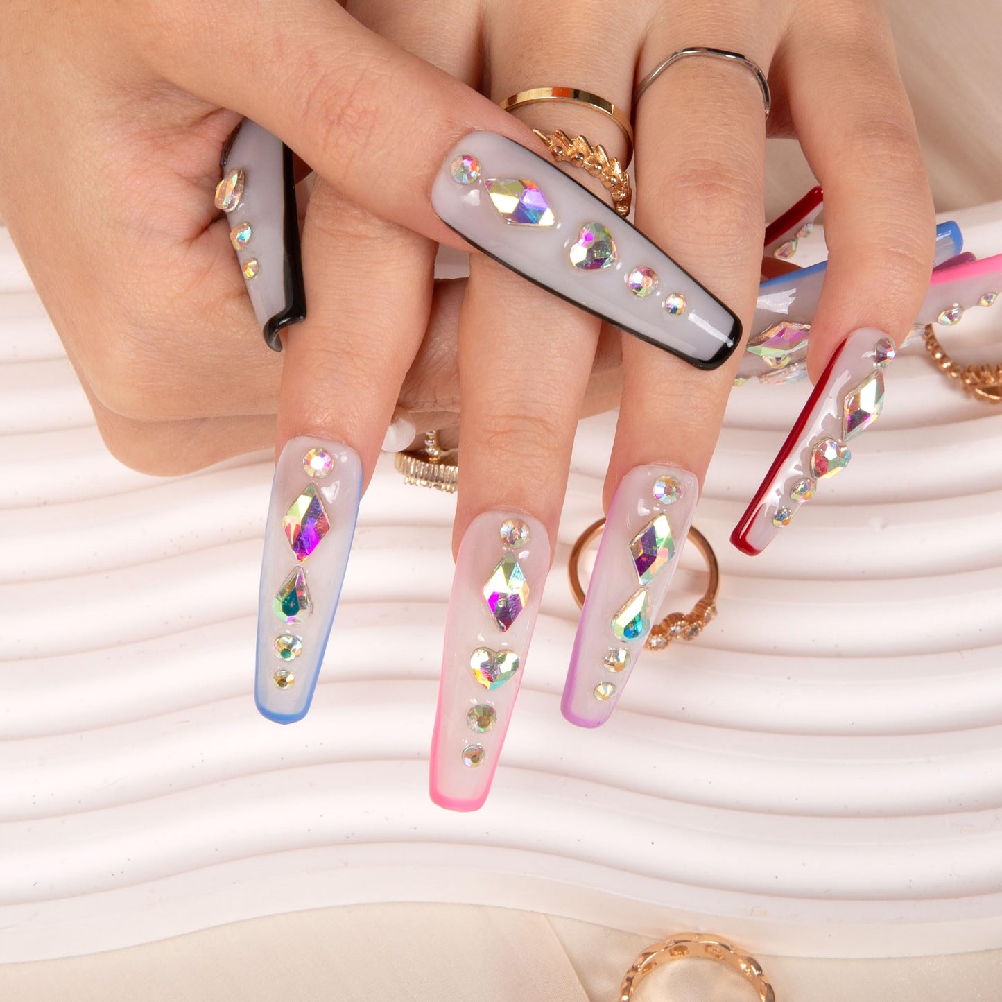 LOVFUL Press on Nails Galaxy Colorful French Tip | Handmade with Full Covered Crystals | Reusable Full Cover Nails | Coffin Mid length 1.7 in | H86-L