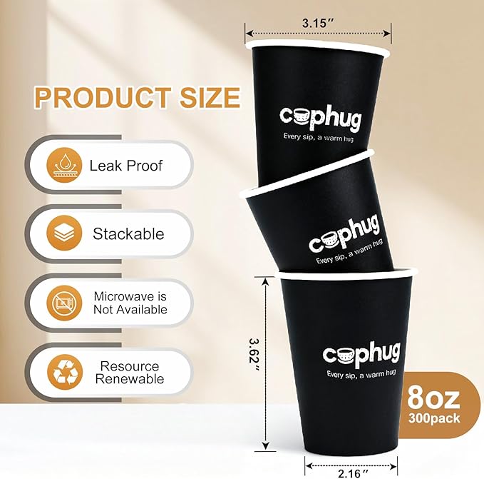 300 Pack 8 oz Disposable Paper Coffee Cups, 8 Ounce Black Paper Hot Coffee Cups–Perfect for Hot Beverages, Party, Office, and Home Use