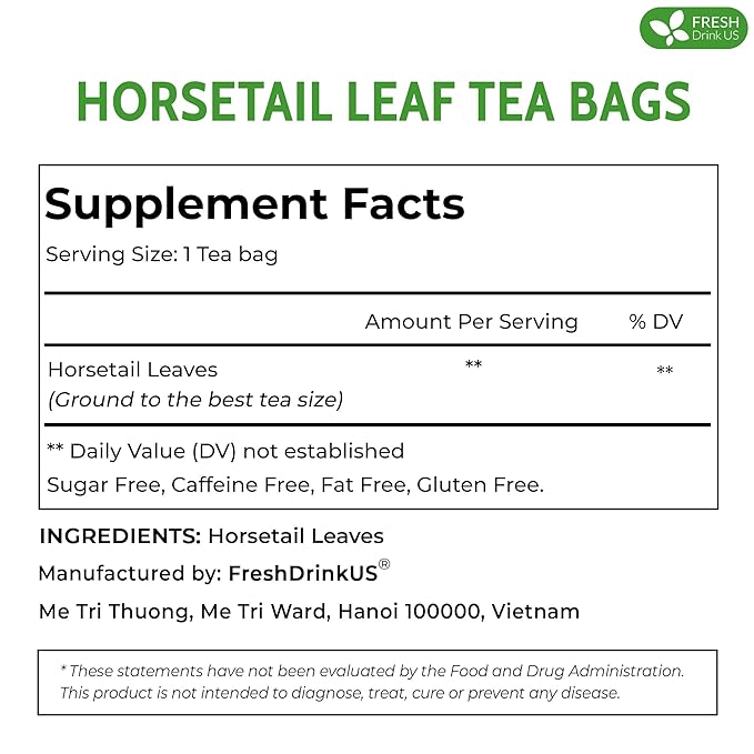 FreshDrinkUS, Premium 75 Horsetail Leaf Tea Bags, 100% Natural & Pure from Horsetail Loose Leaves Herbal Tea. Made with Natural Material Tea Bags. No Sugar, No Caffeine, No Gluten, Vegan.