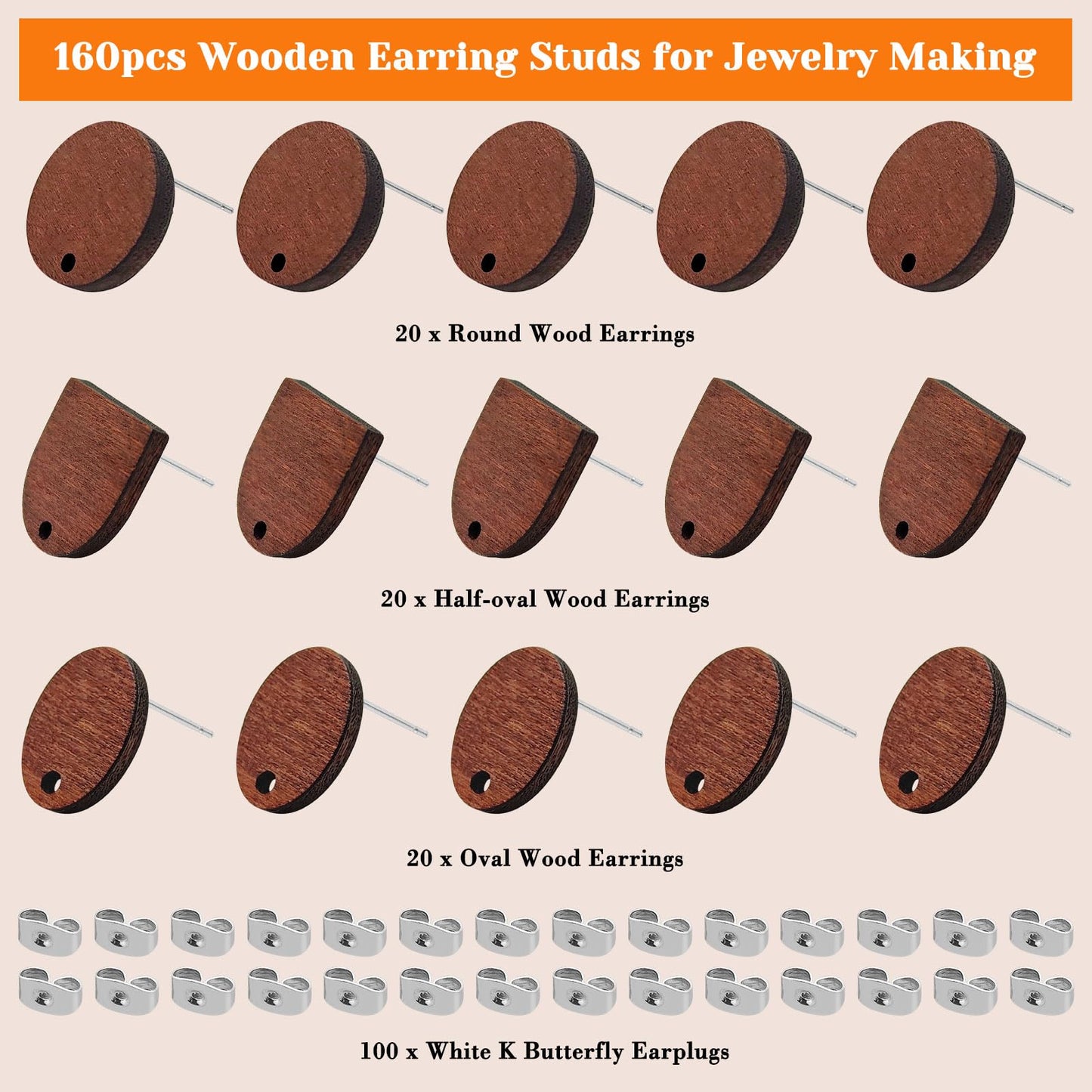 60pcs Wooden Earring Studs for Jewelry Making,Wooden Stud Earrings Wood Earring Posts with 100pcs Earrings Backs for DIY Making Supplies(3 Shapes)