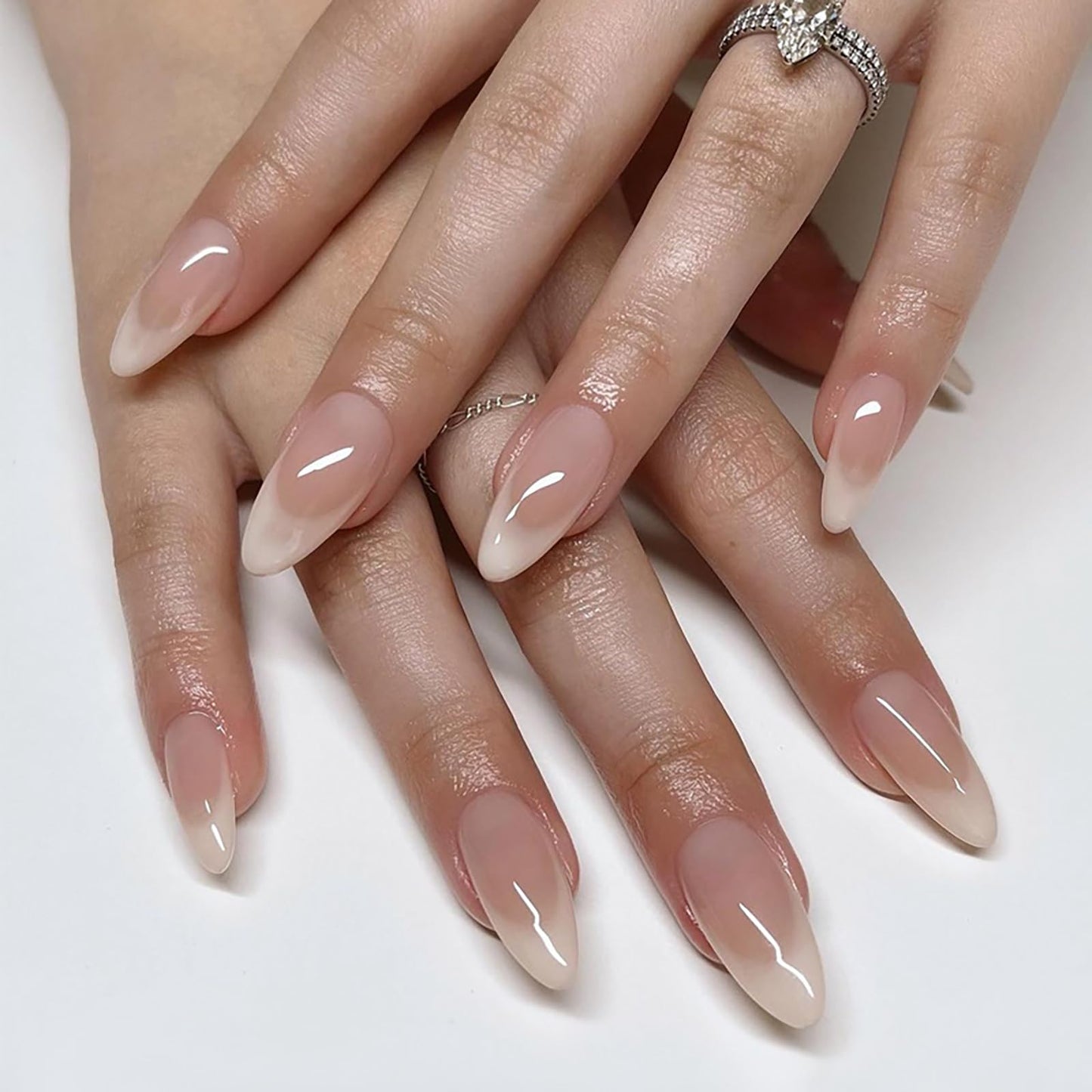 French Tip Press on Nails Medium Almond Fake Nails Nude Pink White Nails Press ons Acrylic Nails False Glossy Full Cover Artificial Stick on Nails for Women Girls 24 Pcs