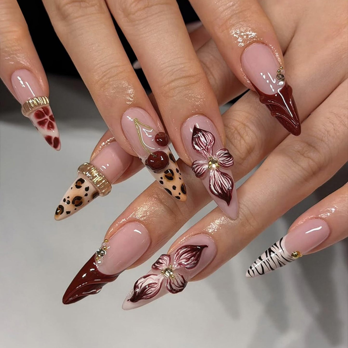 Almond Press on Nails Long Fake Nails Red Artificial Nail Seeneey Red Floral and Cherry Leopard Designs Cute Stick on Nail for Women 24pcs