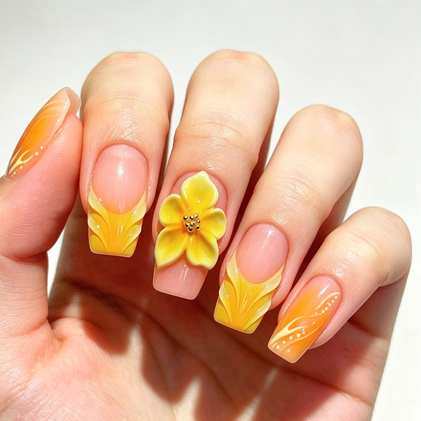 10 Pcs Handmade Press on Nails Medium Square Fake Nails with Yellow 3D Flower Curves Design Acrylic French Tip False Nails M Size Pink Press Ons Nails Square for Women Nail Art
