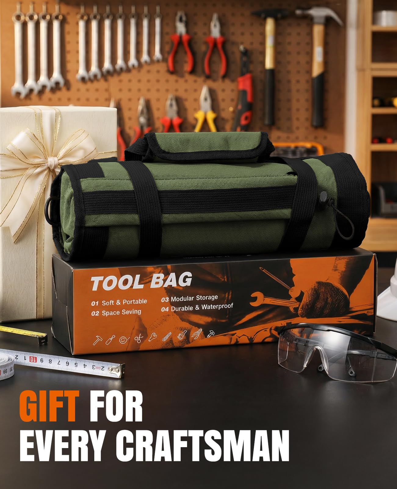 Tool Roll Up Bag, 1680D Heavy Duty Tool Bag Organizer with 2 Detachable Tool Pouches & Multiple Pockets, Waterproof Motorcycle Tool Roll for Mechanic & Electrician, Gift for Men Him Dad, 21.9"*14.7"