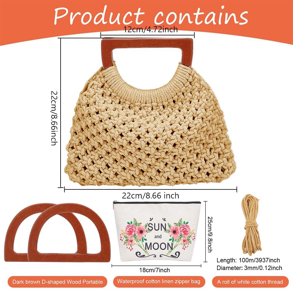 WEBEEDY DIY Macrame Handbag Kit for Adults Beginners Boho Handbag Purse Making Set with Video Tutorial, 3mm Macrame Cord, Wooden Handle, Handmade Bag for Women Valentine's Day Decor Gift,8.7x8.7 Inch