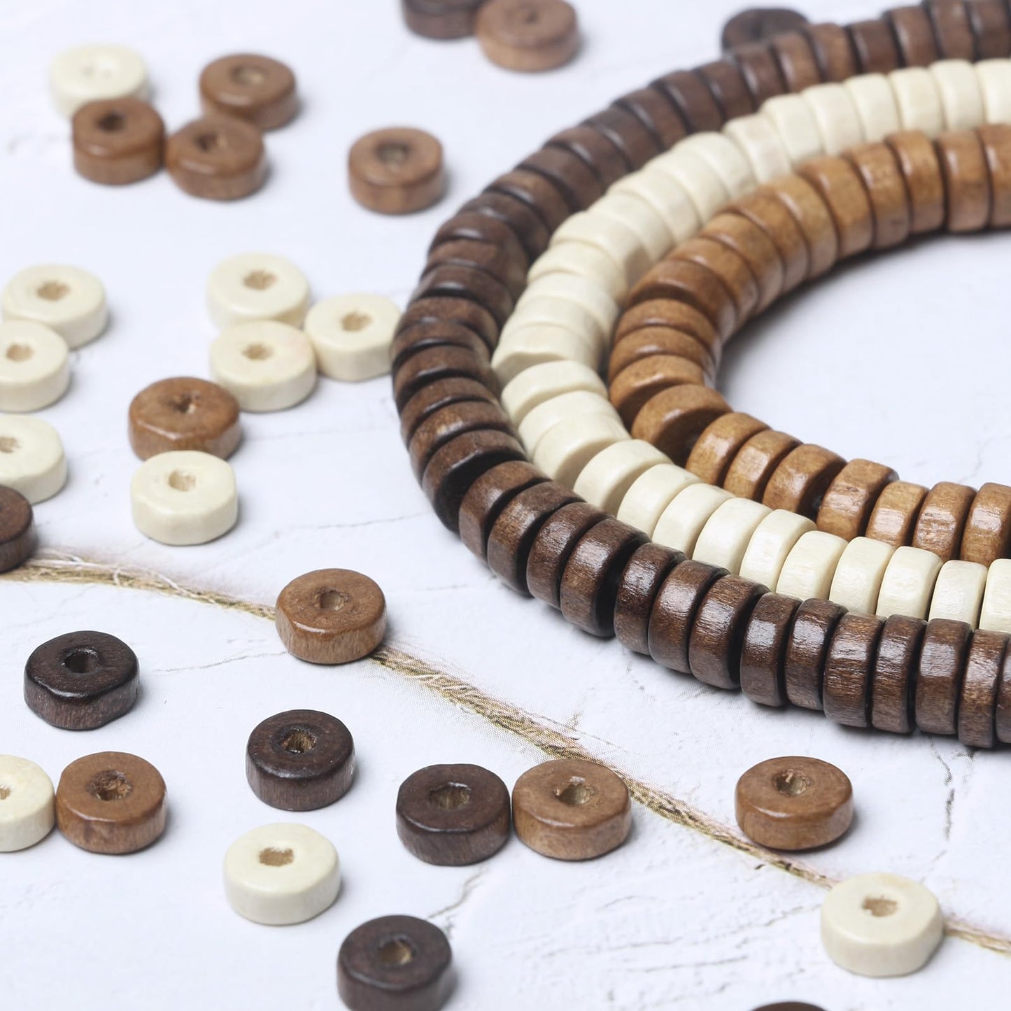 900Pcs Flat Round Wooden Beads - 7mm Wood Loose Spacer Beads for DIY Crafts, 300Pcs for Each Color