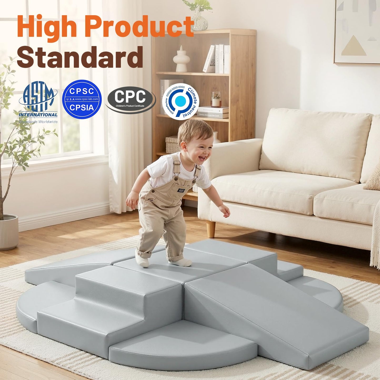 TODIBY 9-Piece Climbing Toys for Toddlers: Soft PU Leather Foam Blocks - Baby Climb and Crawl Activity Blocks - Kids Play Gym Equipment Indoor for Development(Grey)
