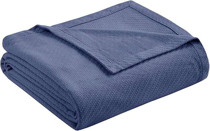 Madison Park Liquid Cotton Blanket Breathable, Softer Ring Spun Weave, Diamond Motif, Luxurious 100% Cotton All Seasons Lightweight Summer Blanket for Bed, Couch, Office, Navy, King