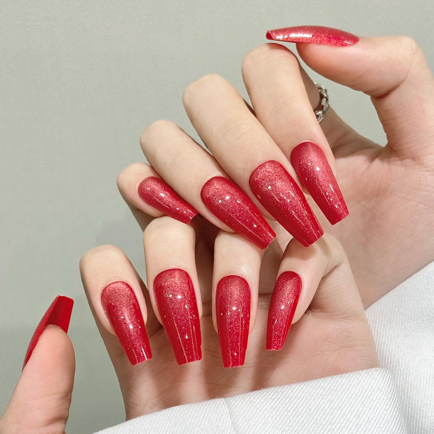 Dark Red Cat Eyes Press On Nails,12 Sizes-24 Pcs Soft Gel Red Medium Coffin Fake Nails Kit with Nail Glue, Natural Reusable Stick On False Nails for Women and Girls SK1000