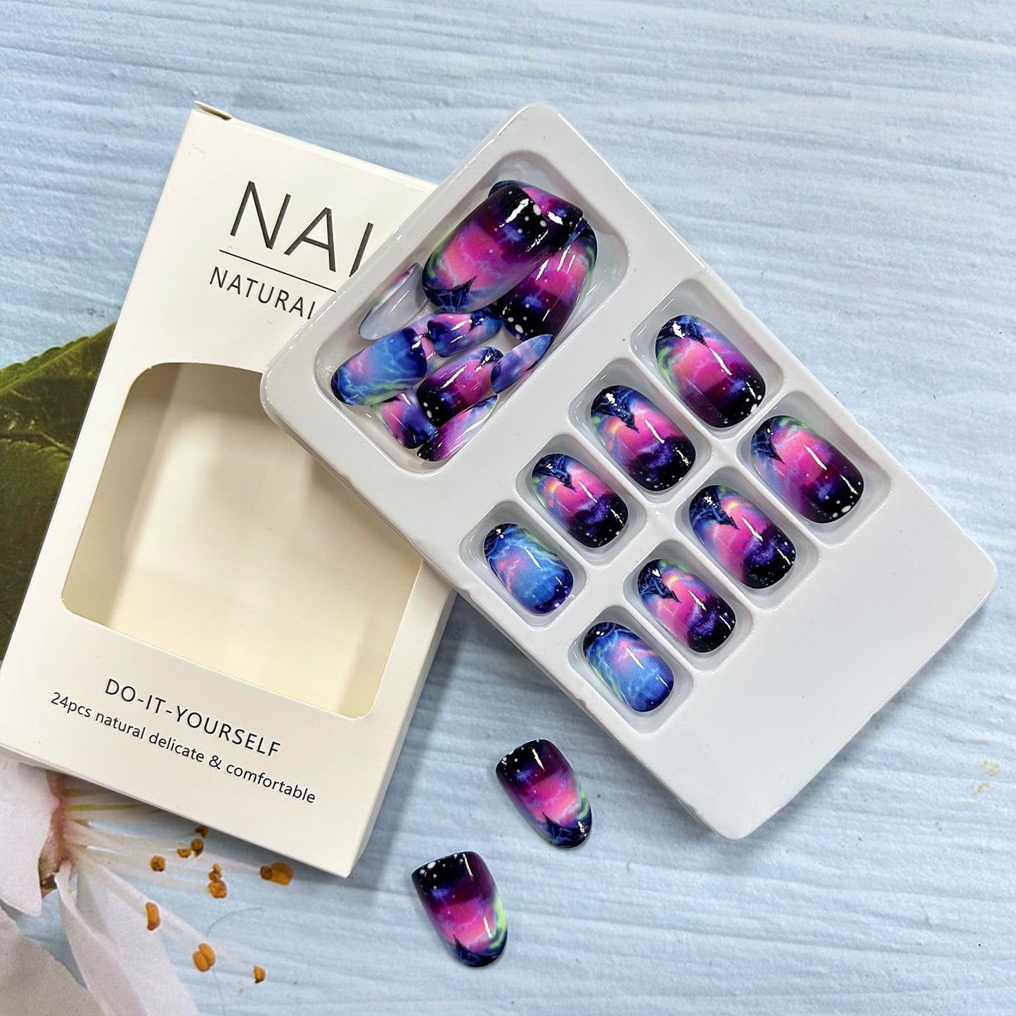 Press On Nails Medium Aurora Mountains, Sea of Clouds Design Oval Shaped False Nails - Artificial Glossy Full Cover Acrylic Coffin Nails - Reusable Glue On DIY Stick On for Women 24Pcs
