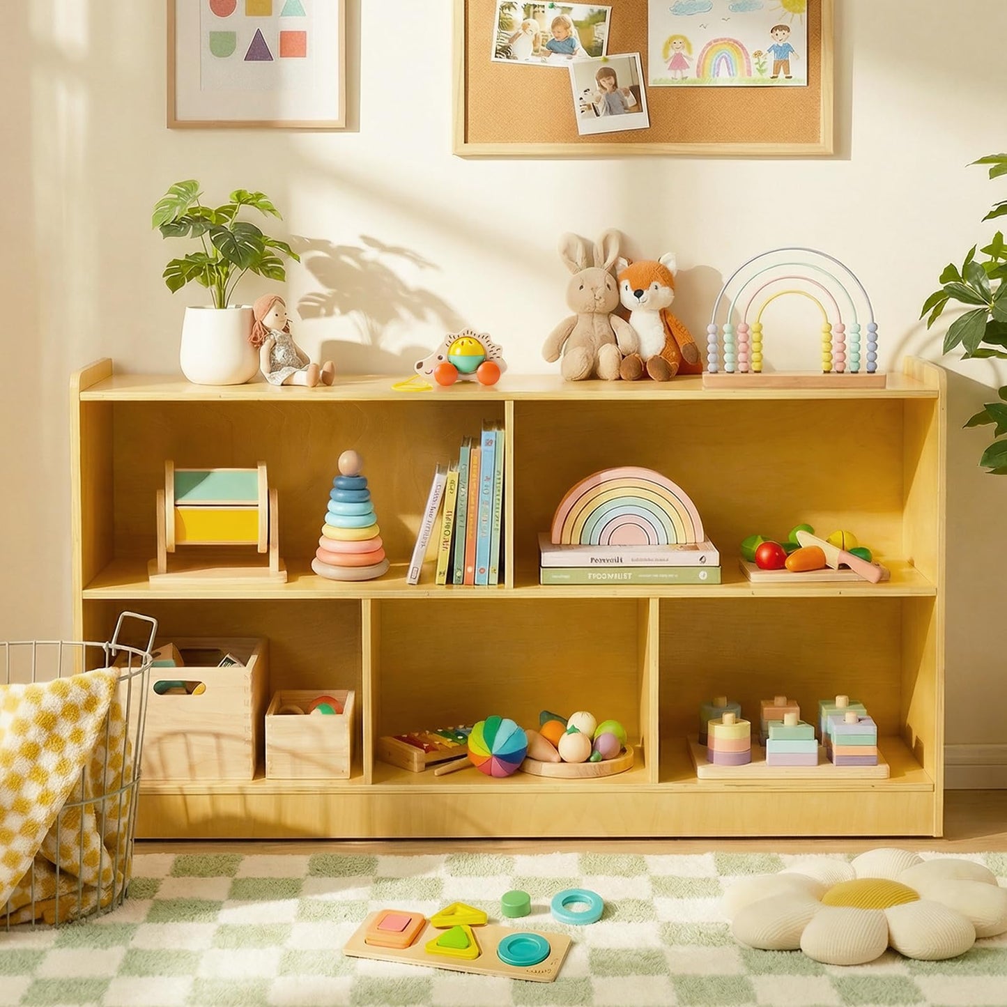 STEPLAY Montessori Shelf, Wooden Toy Storage Organizer with 2-Tier Shelf & 5-Section Storage Cabinet, Kids Bookshelf/Bookcase for Toddler Playroom, Nursery, Classroom(Natural)