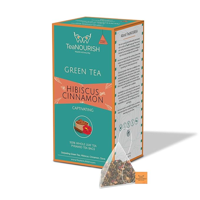 TeaNOURISH Hibiscus Cinnamon Green Tea | 20 Count Pyramid Tea Bags | Darjeeling Whole Leaf | 100% Natural Hibiscus Flower, Cinnamon & Clove | Delicious & Refreshing