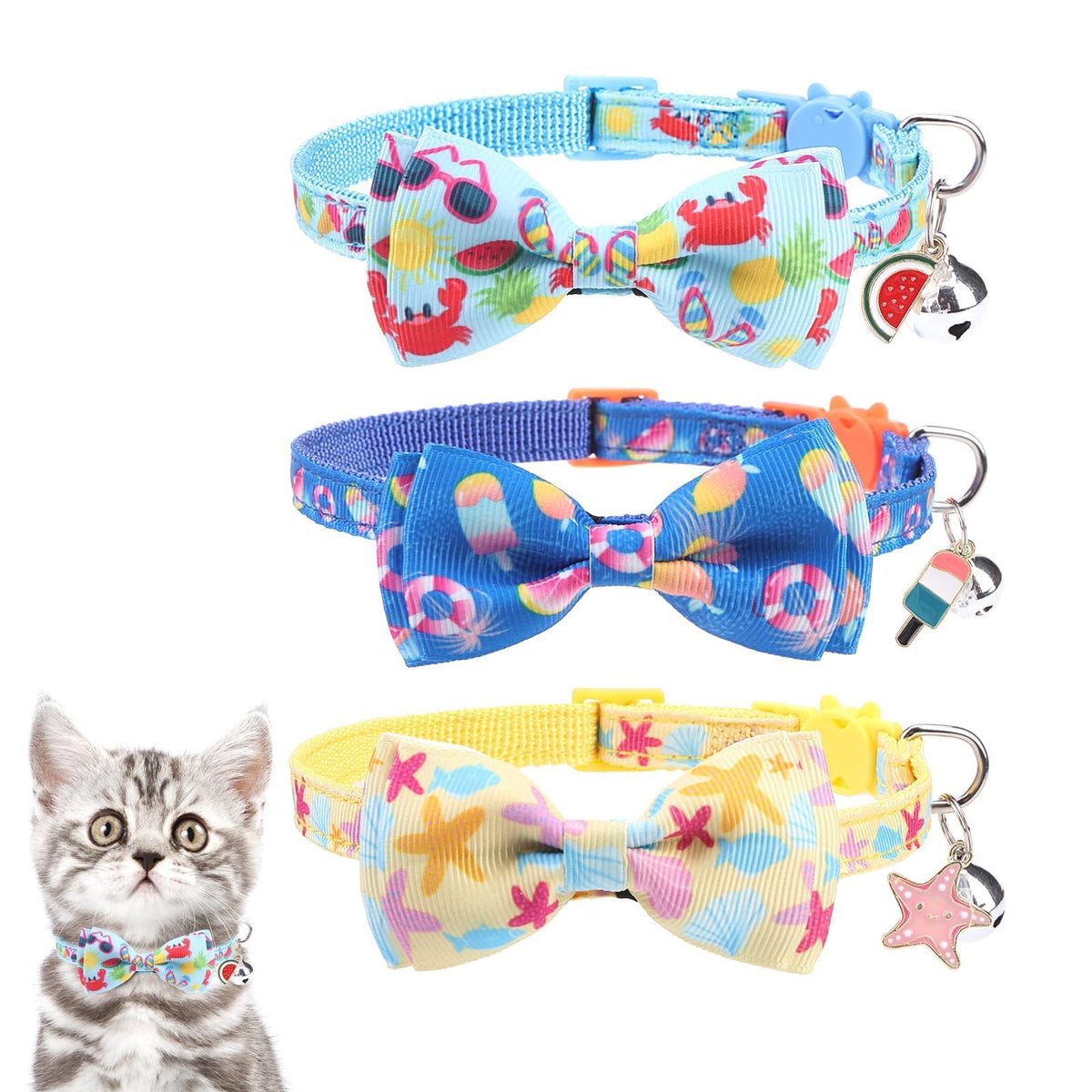 KOOLTAIL Easter Cat Collars Breakaway with Bowtie and Bells,3 Pack Adjustable Fancy Kitten Collar with Safety Buckle for Girls Boys Kitty,Cute Cat Charm Pendant Holiday
