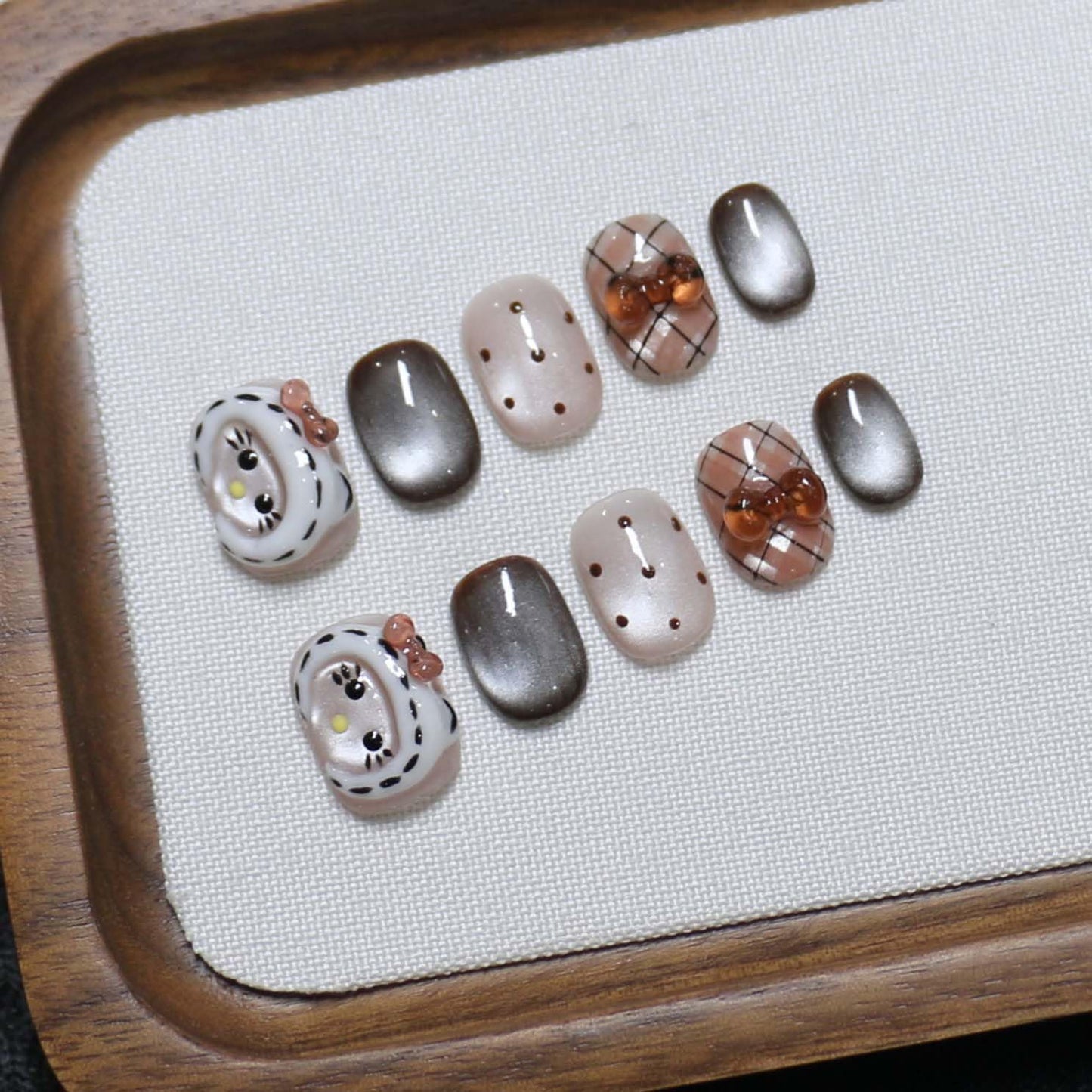 10 Short Oval Handmade Press On Nails | 3D Floral with Cat Eye Polka Dot & Sweet Bow details,Winter Styles | Skip Salon Trips, Easy to Apply & Remove, Reusable (251106, XS)