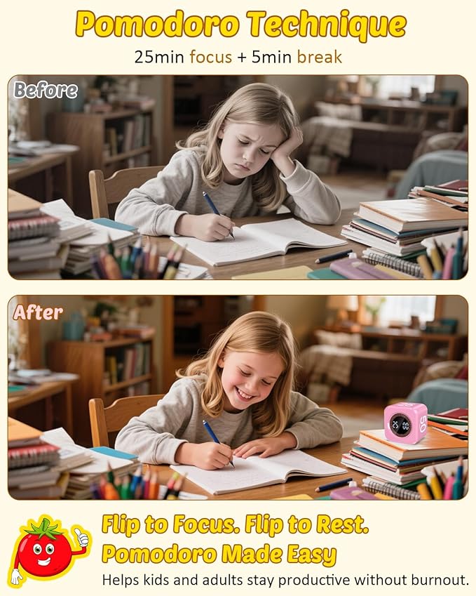 Pomodoro Timer Cube Visual Productivity Flip Timer for Kids Classroom Desk, 5/10/25/50min&Custom Countdown, Silent&Sound Mode Digital Cube for ADHD Study Work School Game Kitchen (Pink)