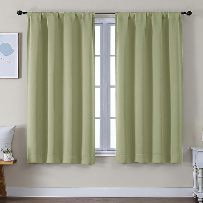 Simplebrand Ava Sage Green Blackout Curtains for Bedroom 63 Inch Length 2 Panels Set, Solid Thermal Insulated Privacy Living Room Window Treatment Curtains Blackout Drapes, W50 x L63 Inch