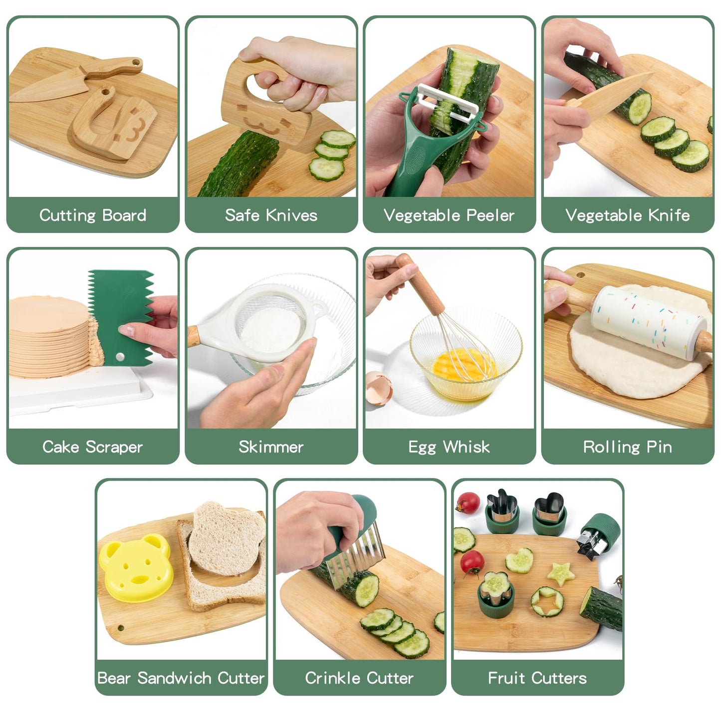 17 PCS Kids Knife Set for Real Cooking, Montessori Kitchen Tools for Toddlers, Cooking and Baking Set for Kids Little Chefs, Crinkle Cutter, Cutting Board, Safe Knife