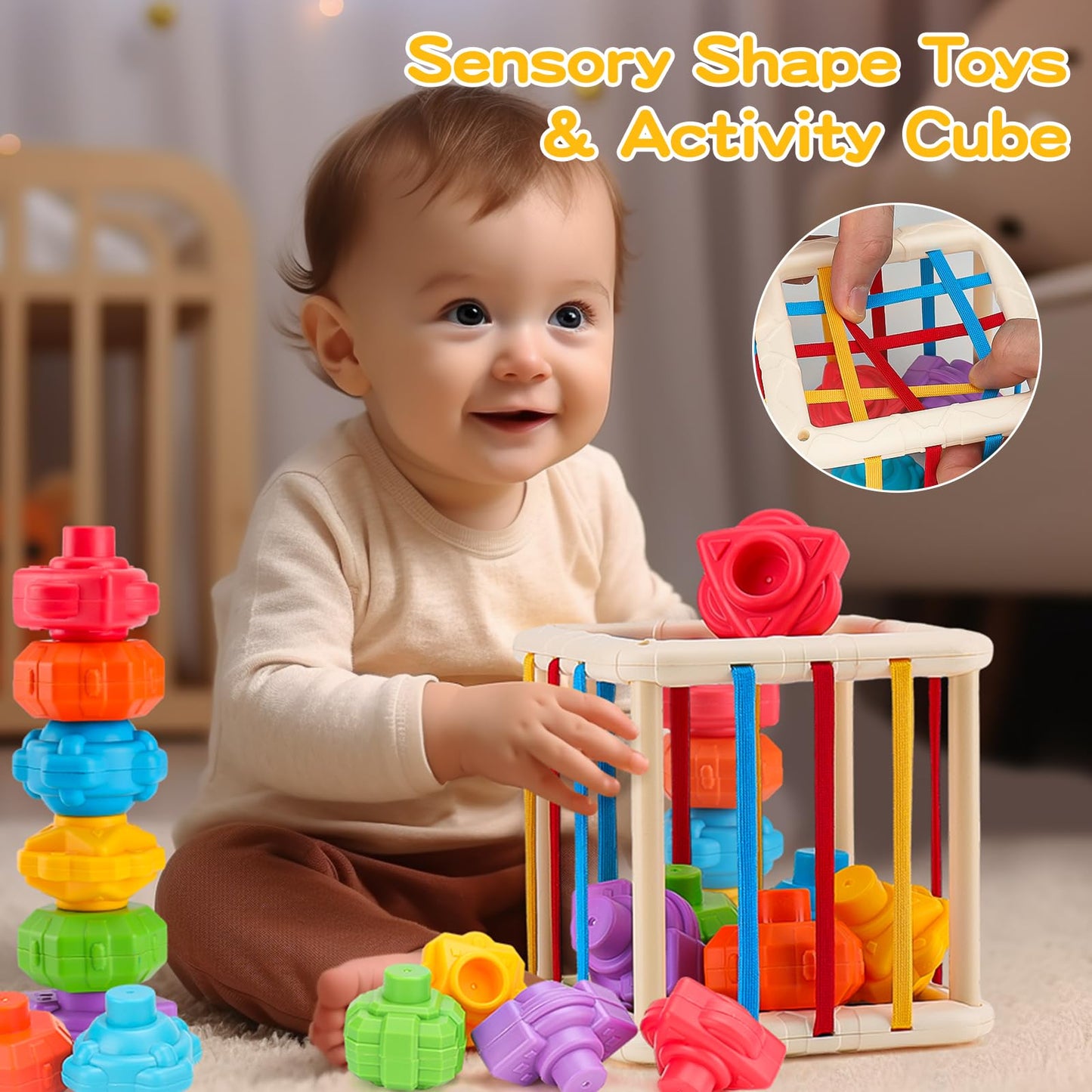 KADAYAYA Montessori Baby Toy for 18 Months, Teether Rattle Tissue Box Pull String Crab Toy, Infant Sensory Toys Shape Storage Bin,Stacking Cup Toy Gift for Toddlers Boys Girls 1 2 3 Year Old