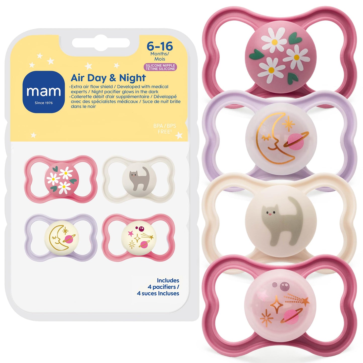MAM Air Pacifier for Babies 6-16 Months, Extra Air Flow for Sensitive Skin, Glows in The Dark, Developed with Medical Experts, BPA-Free Skin Soft Silicone, 4 Count, Made in Europe