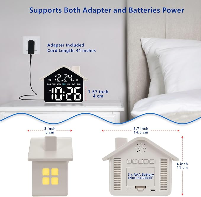 Plumeet Digital Alarm Clock, Bedroom Clock with Large Numbers, Date, Week, Dual Alarms, Dimmer and Ambient Light, House-Shaped Electric Bedside Desk Clock, Adapter Batteries Powered, White