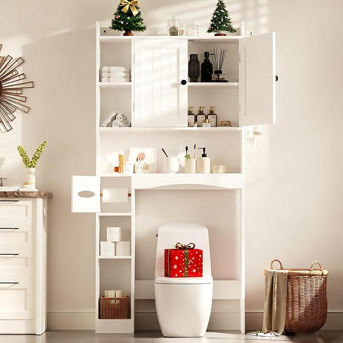 Gizoon Over The Toilet Storage Cabinet, 66''H Over Toilet Bathroom Organizer, Over Toilet Storage Cabinet with 2 Doors, Paper Holder and Racks, Adjustable Shelf, for Bathroom, Laundry, White